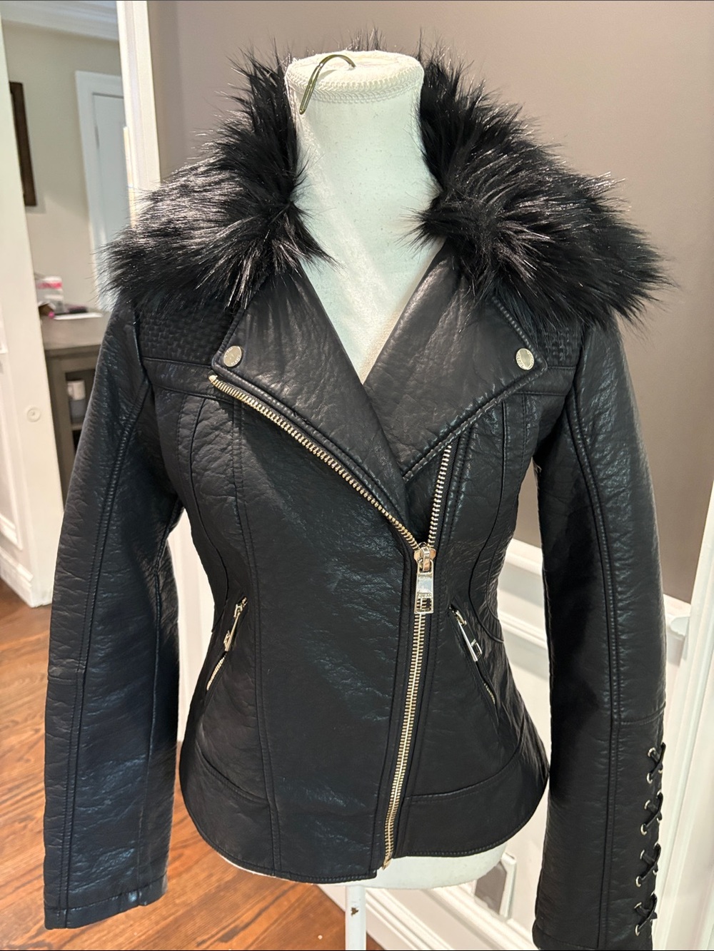 Guess Black Faux Leather Jacket with Faux Fur Collar